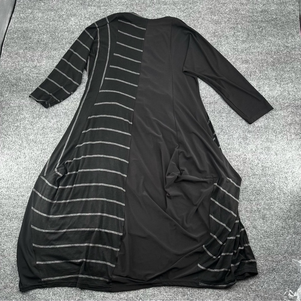 Heydari Dress Womens (M/L) Wearable Art Black Grey Stripe Midi Pockets Lagenlook - Picture 2 of 14